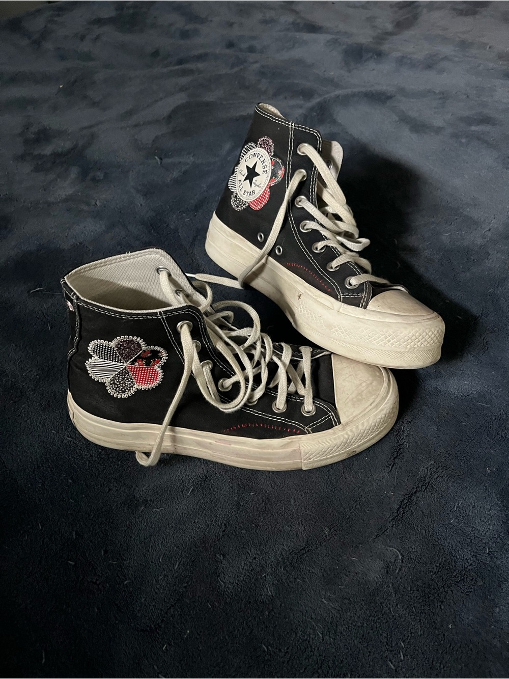 Converse Womens Black High-Top Sneakers with Red & White Floral Stitch
